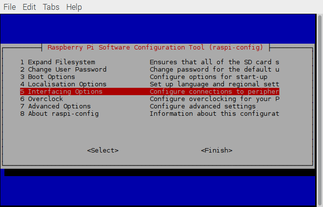 The raspi-config menu with Interface Options highlighted.