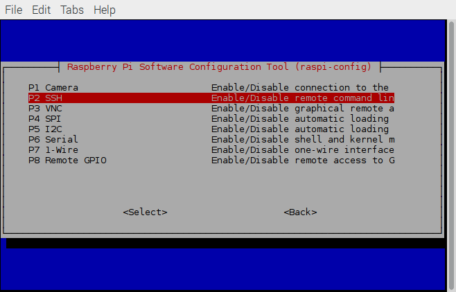 The raspi-config Interface Options menu with P2 SSH highlighted.